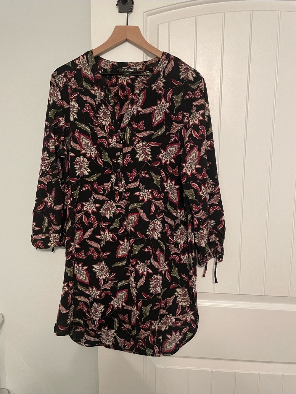 Roz & Ali Black Floral Long Sleeve Shirt Dress with Pink, White and Green Print